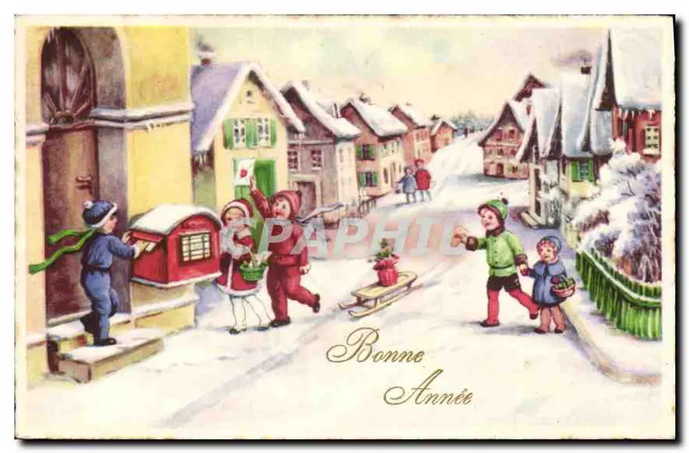 Crianças brincando em uma rua nevada — Boa Ano — editor não visível - Frente