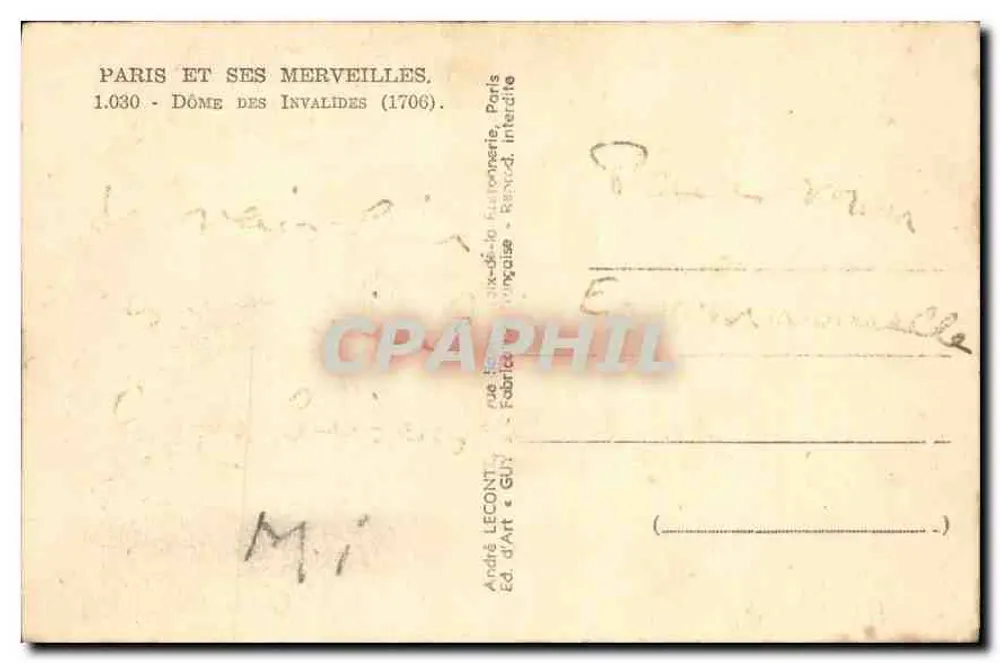 Dôme des Invalides — Paris — Verlag André Lecont, Nr. 1.030 - Rückseite