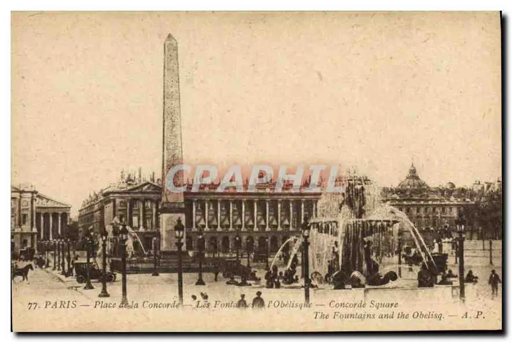 Paris — Place de la Concorde — Die Fontänen und der Obelisk — A.P. - Vorderseite