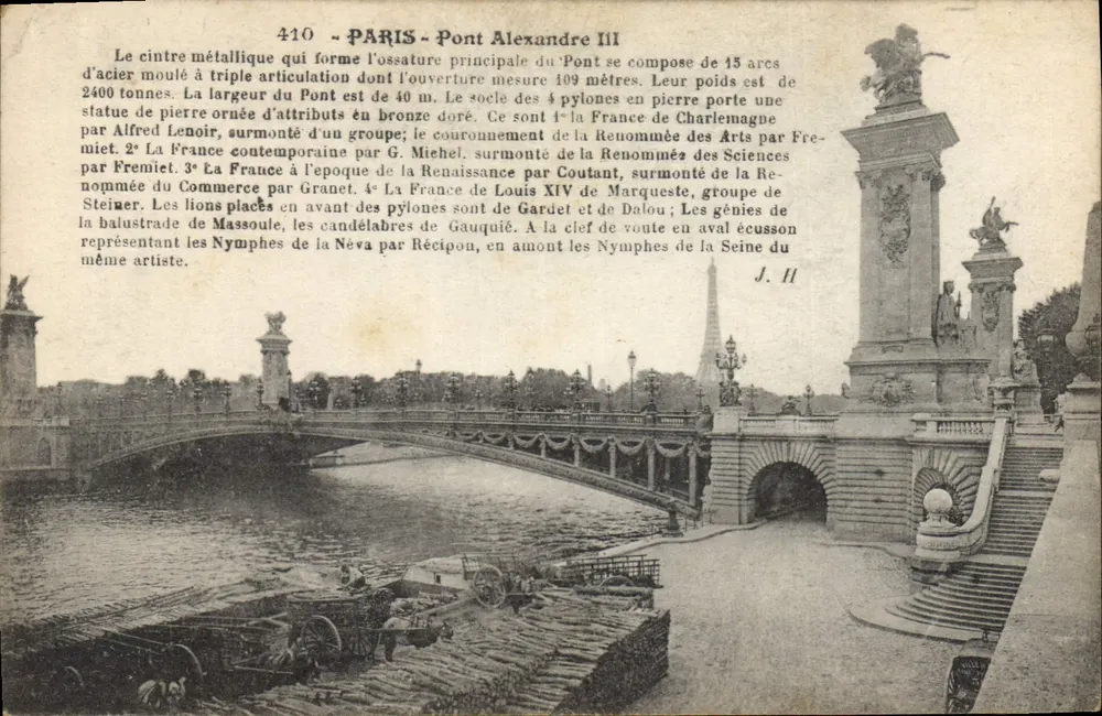 Paryż - Most Alexandre III — szczegółowe widoki rzeźb i pylonów — wydawca J. II - Awers