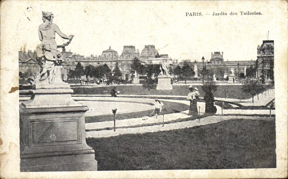 París — Jardín de las Tullerías — vista con estatua y paseantes - Anverso