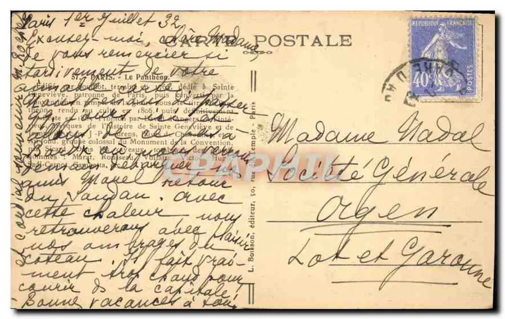 Sainte-Geneviève - Panteão — editor L. Bonson, n° 50 - Verso