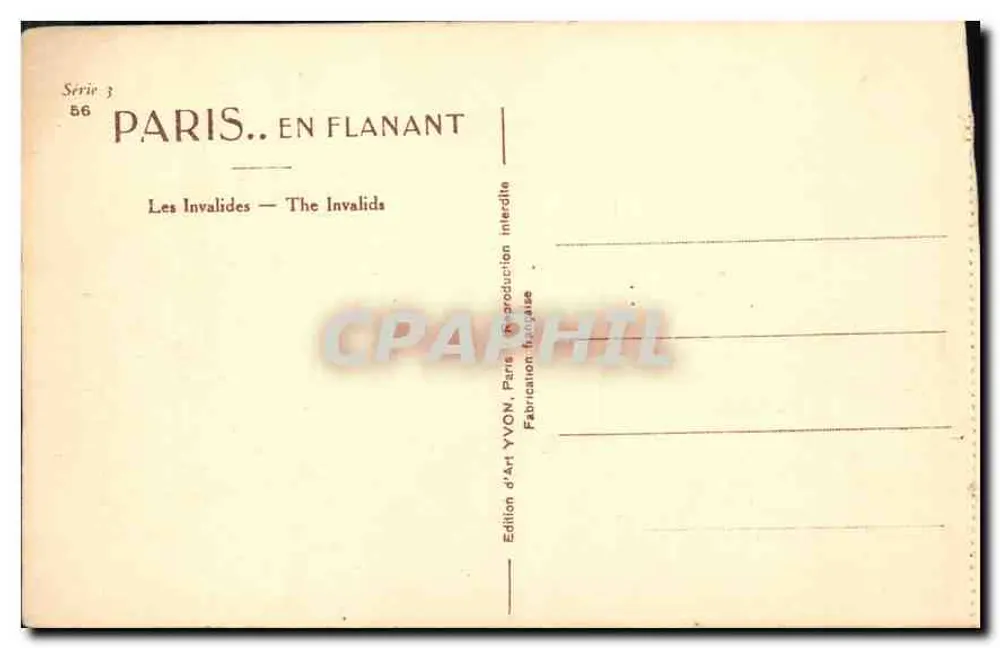 Les Invalides — Paris — Edição de Arte YVON, Série 3 n°56 - Verso