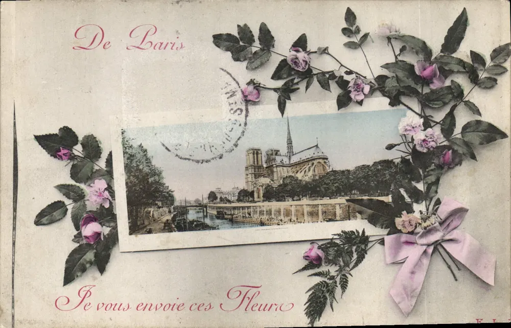 Notre-Dame de Paris — vista enquadrada de rosas — editor desconhecido - Frente
