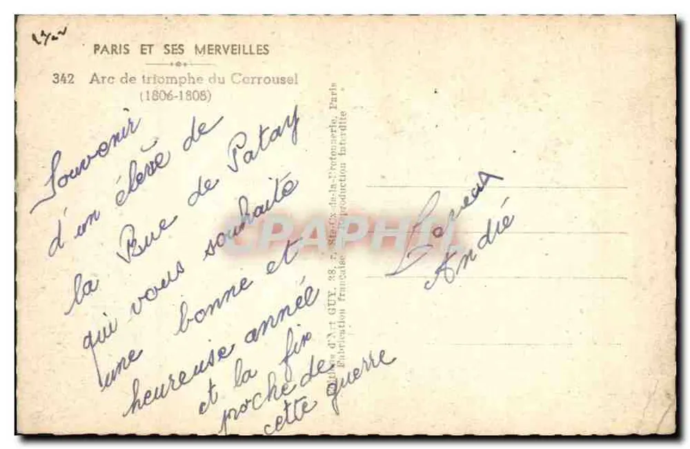 Arc de Triomphe du Carrousel — Paris — Verlag Guy, Nr. 342 - Rückseite