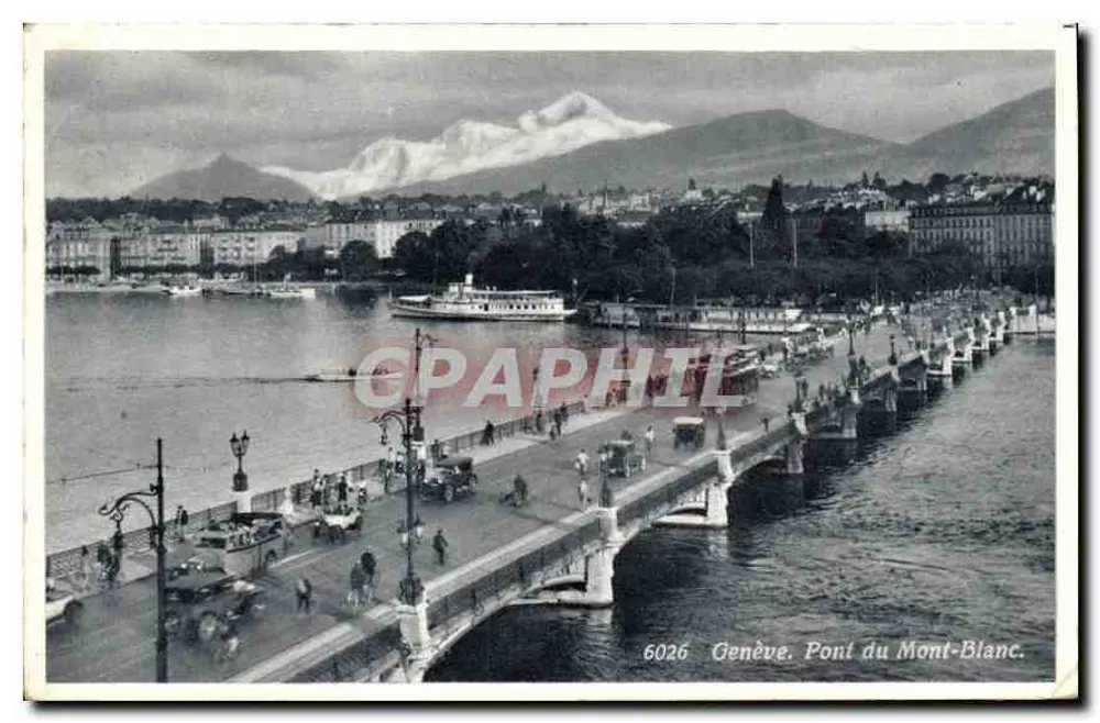 Genève. Brug van de Mont-Blanc — panoramische uitzicht met sneeuwbedekte berg — uitgave Jaeger, n° 6026 - Voorkant