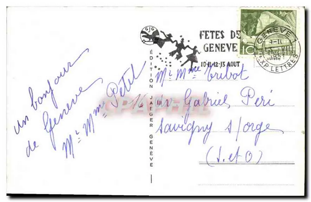 Genève. Brug van de Mont-Blanc — panoramische uitzicht met sneeuwbedekte berg — uitgave Jaeger, n° 6026 - Achterkant