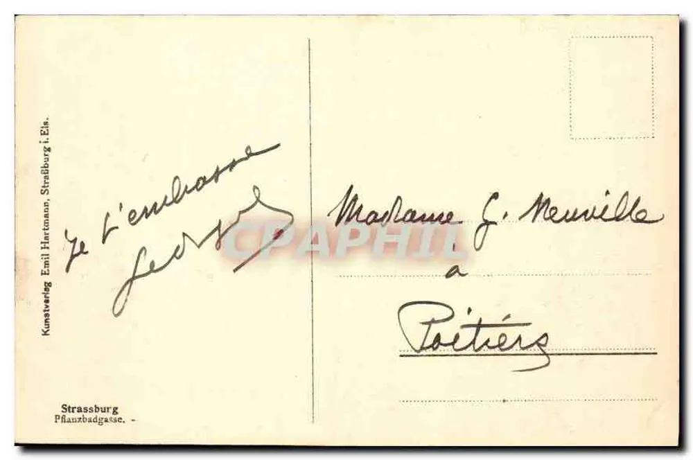 Vista de Estrasburgo — rua Pfalzbadgasse — editor Kunstverlag Emil Hartmann - Verso