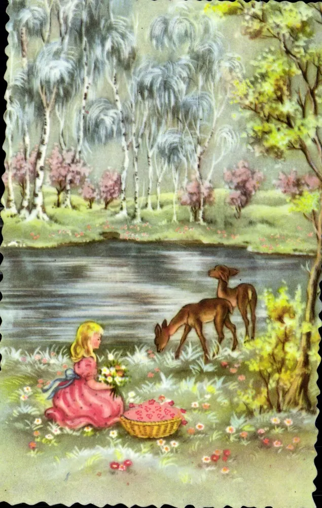 Menina e cervos perto de um lago — paisagem de primavera — editor não visível - Frente