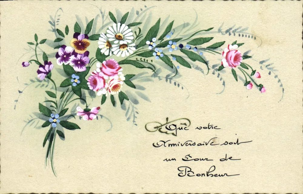 Arranjo de flores — carta postal decorativa — editor e número de série ilegíveis - Frente