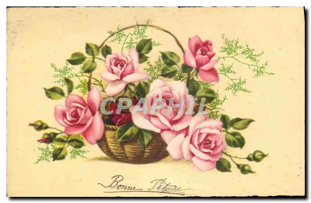 Arranjo de rosas em um cesto — Boa Festa — R. HAMEL PARIS - Frente