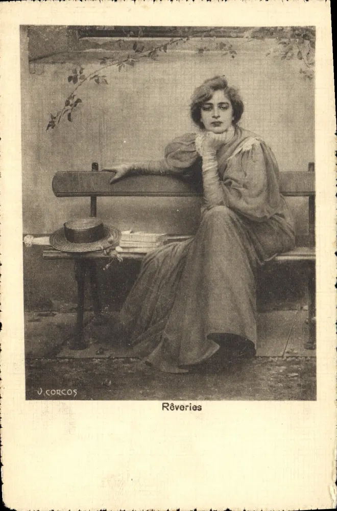 Mulher sentada em um banco — Rêveries — V. Corcos - Frente