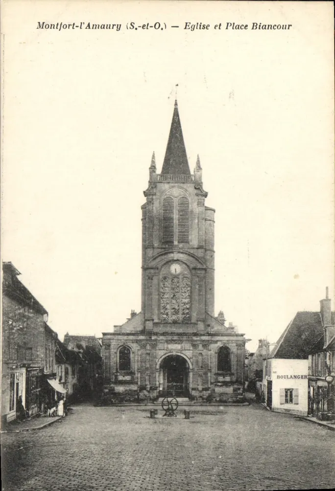 Montfort-l'Amaury (S.-et-O.) — Kirche und Place Biancour — Impr. Edia, Vézéailles - Vorderseite