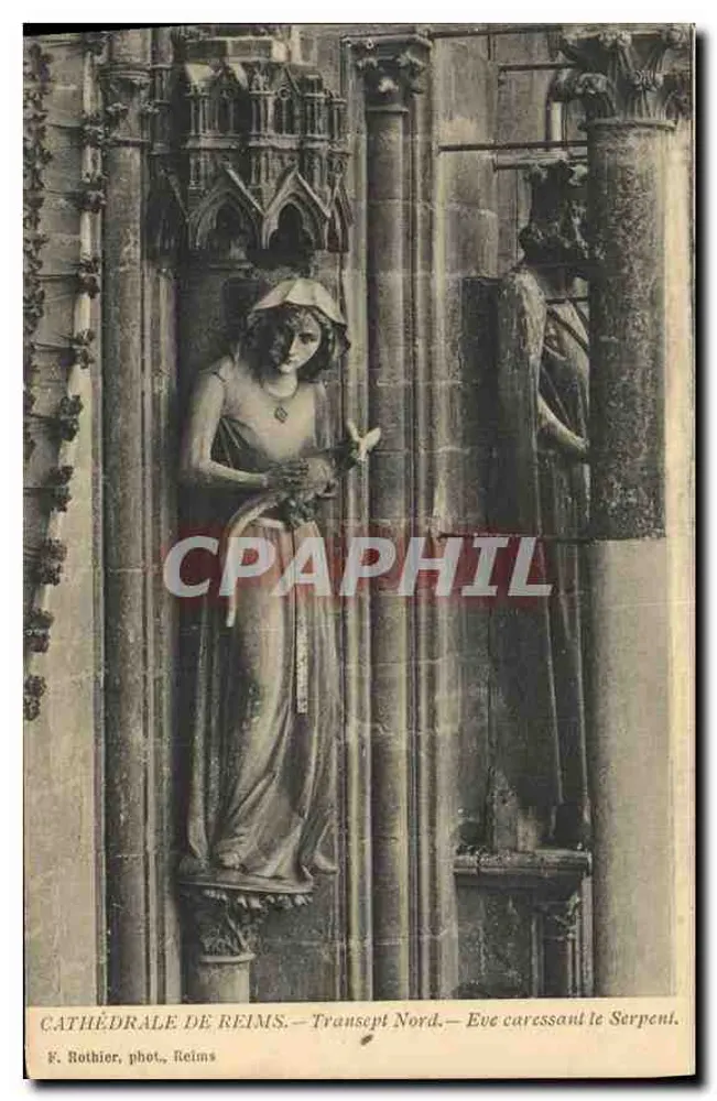 Kathedrale von Reims — Nordtransept — Eva streichelt die Schlange — F. Rothier, phot. Reims - Vorderseite