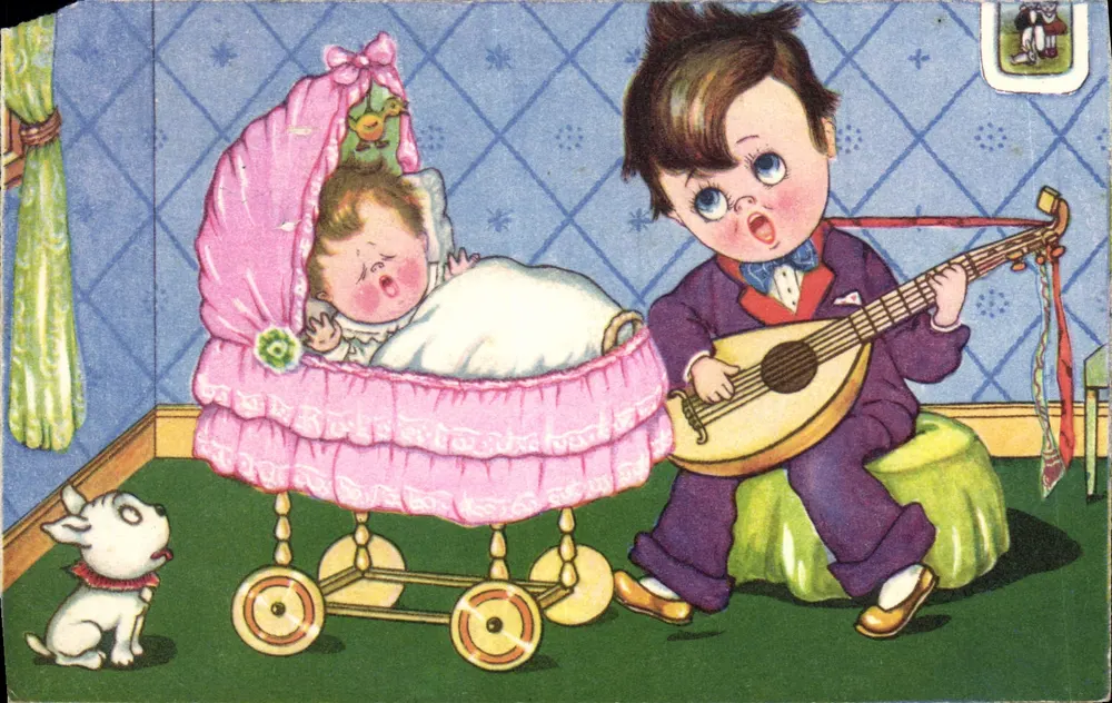 Criança tocando mandolina perto de um berço — editor Amag, n° 0277 - Frente