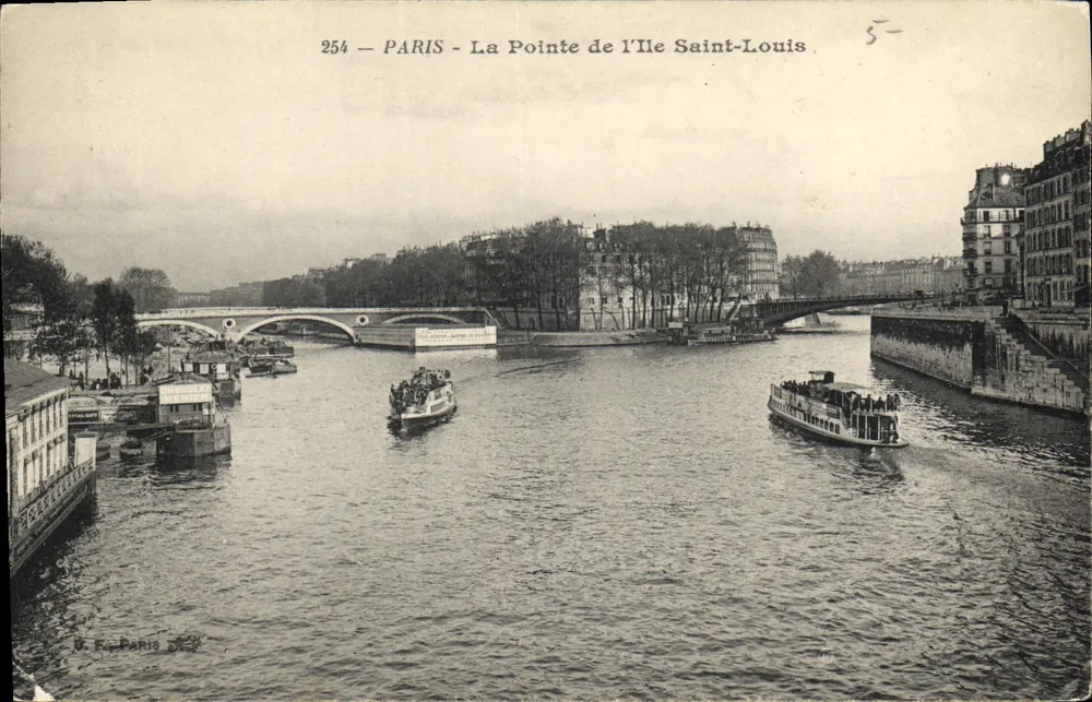 Paris - A Ponta da Ilha Saint-Louis — vista do rio com barcos — editor B. F. Paris, n° 254 - Frente