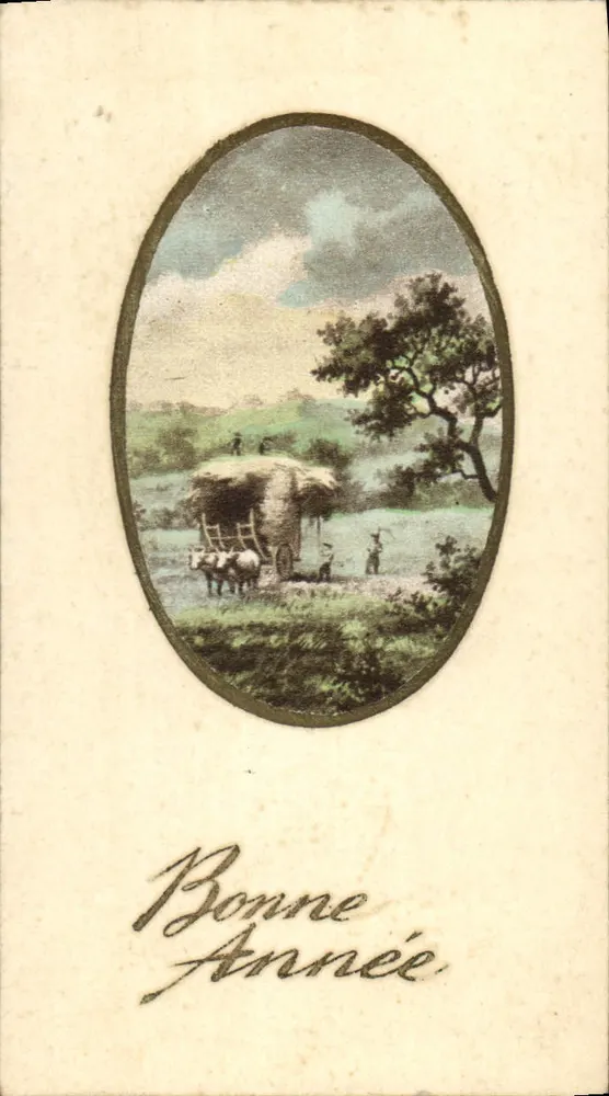 Bom Ano — cena rural com carruagem puxada por bois — carte postale - Frente