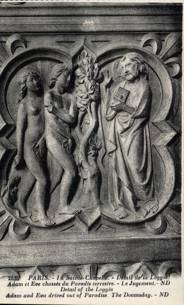 Paris - Sainte-Chapelle - Detail der Loggia: Adam und Eva aus dem Paradies vertrieben - Das Gericht - Vorderseite