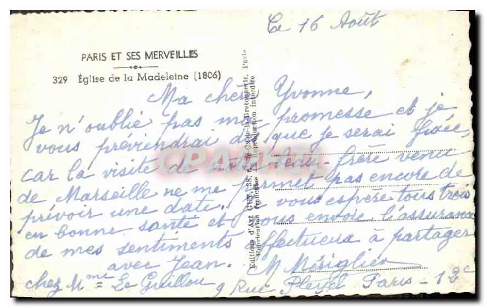 Igreja da Madeleine — Paris — Edição d'Art Guy, n° 329 - Verso