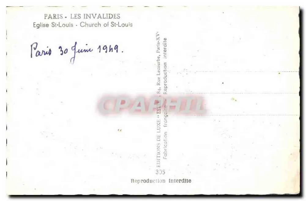Interior da Igreja de São Luís dos Invalidos — Paris — Editor Estel, n°305 - Verso