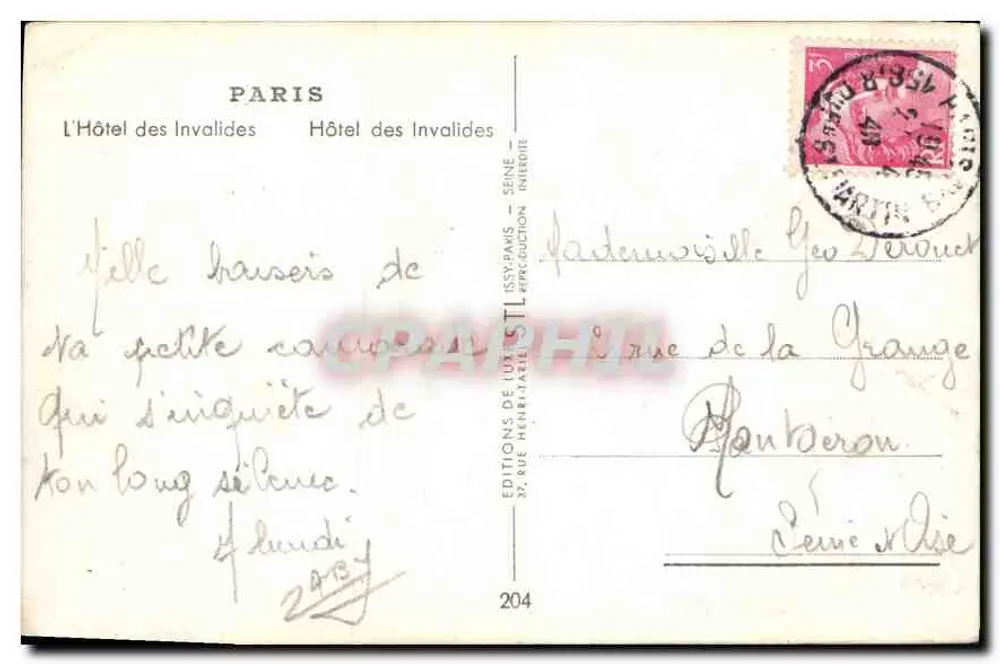 Hôtel des Invalides — Paris — Edições de Luxe STLE n°204 - Verso