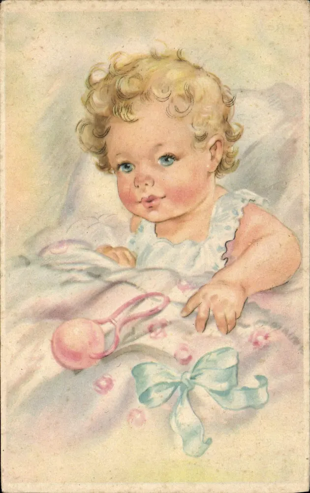 Bebê com cabelos cacheados — em um berço com brinquedo rosa e fita azul — Série Bebês, Impressor PHOTO-CHROM - Frente