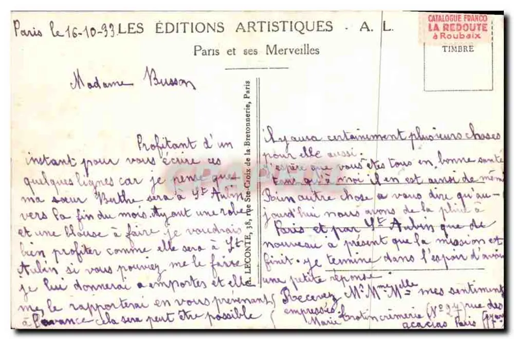 Paris - O Grande Palácio - A. L. - Verso