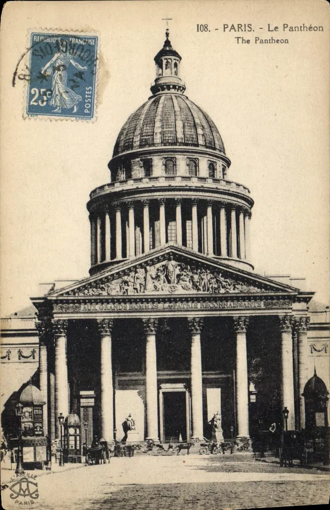 Paris - O Panteão — vista do frontão e da cúpula — editor L. Abeille, Paris, n° 108 - Frente