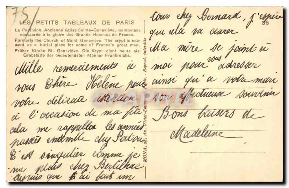 O Panteão — Paris — editor Mona, n° 75 - Verso