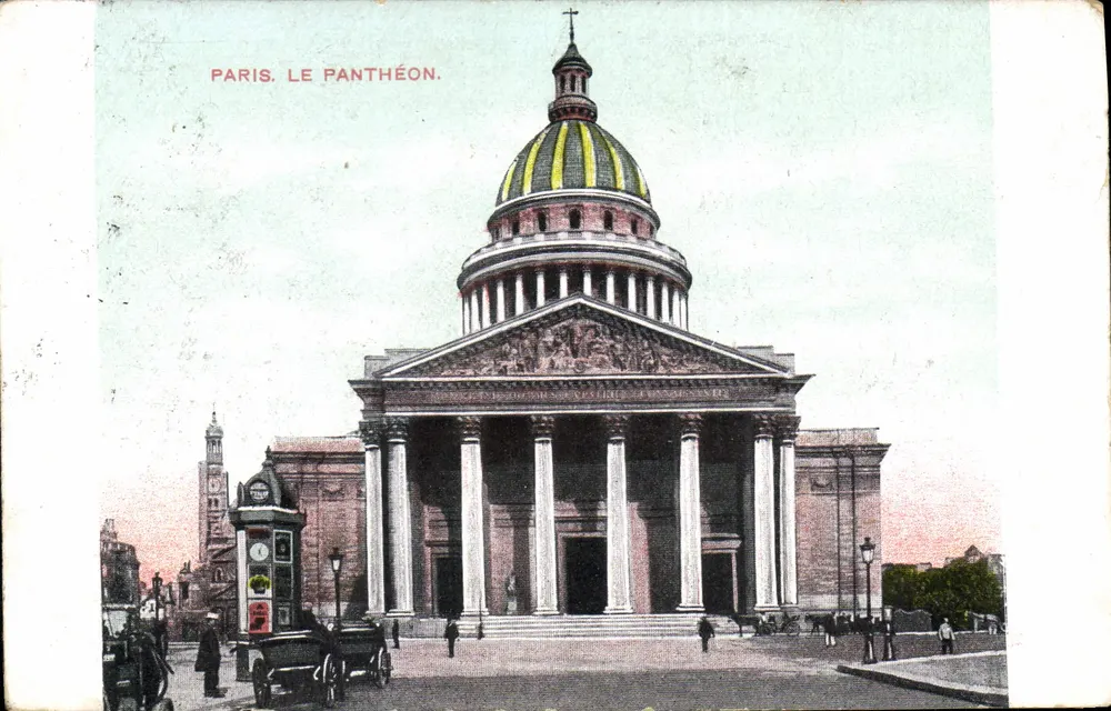 Paris. O Panteão — vista da fachada clássica com domo listrado — editor não identificado - Frente