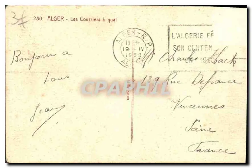 Porto de Argel — vista do cais e dos navios — editor desconhecido, n° 280 - Verso