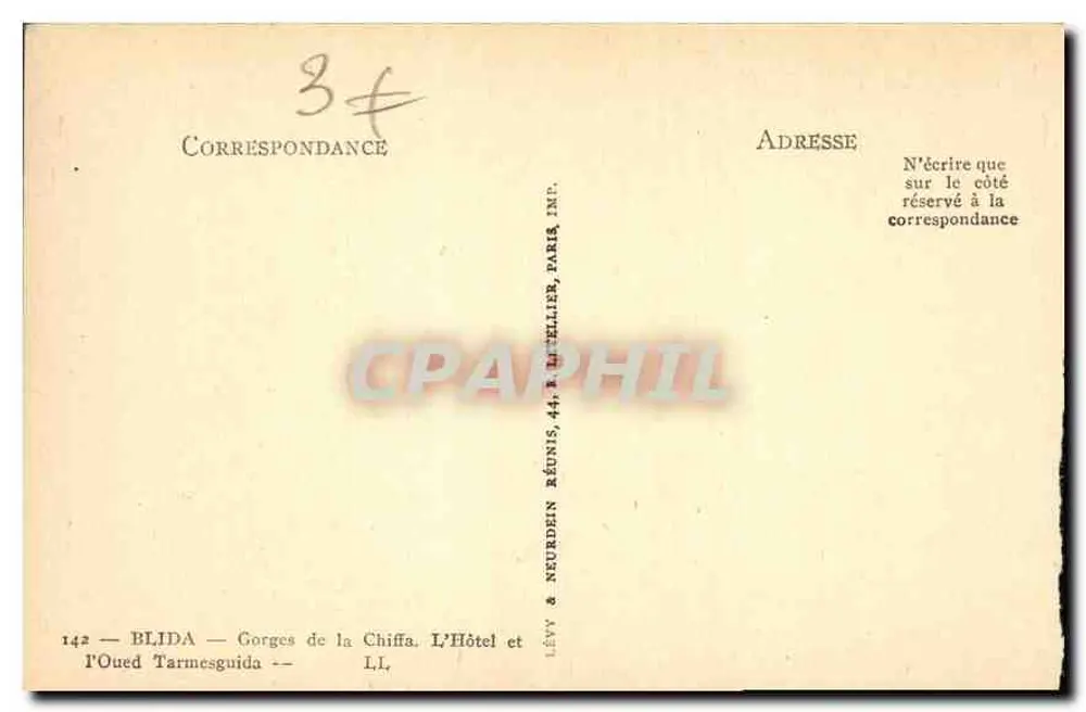 Blida — Gorges de la Chiffa. Das Hotel und der Oued Tarmesguida — Lévy & Neurdein Réunis, Paris - Rückseite