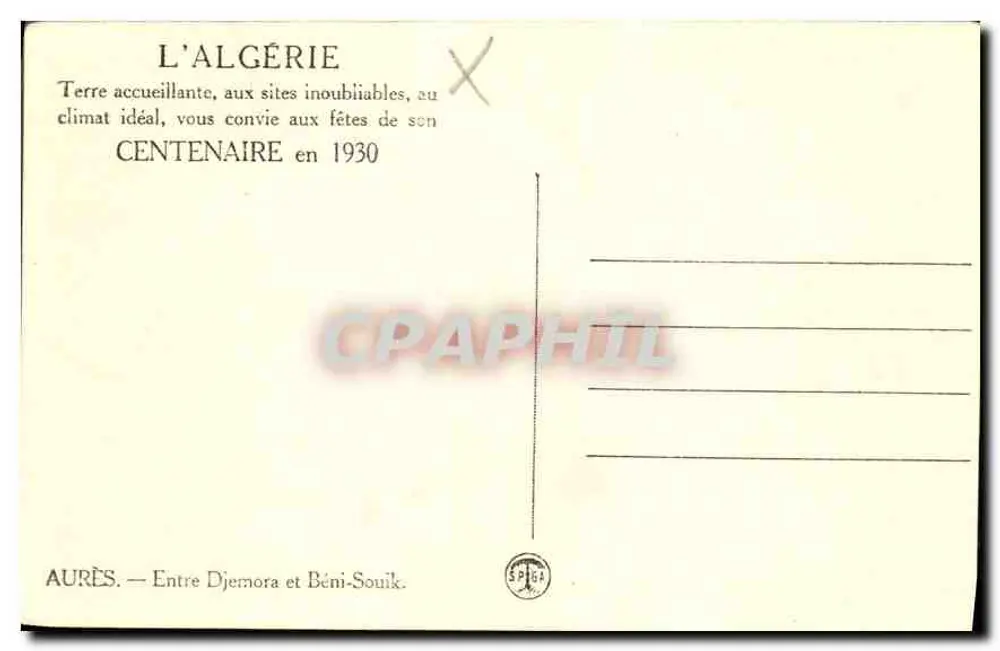 Aurès — Zwischen Djemora und Béni-Souik — Algerien — Centenar 1930 - Rückseite