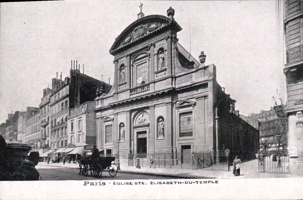 Paris - Igreja de Santa Elisabet Du Temple — vista da fachada com carruagem e pedestres - Frente