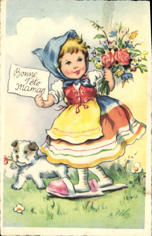Mädchen im Volkskostüm — mit Blumenstrauß und Hund — Verlag M.D. Paris, Serie Nr. 3975 - Vorderseite