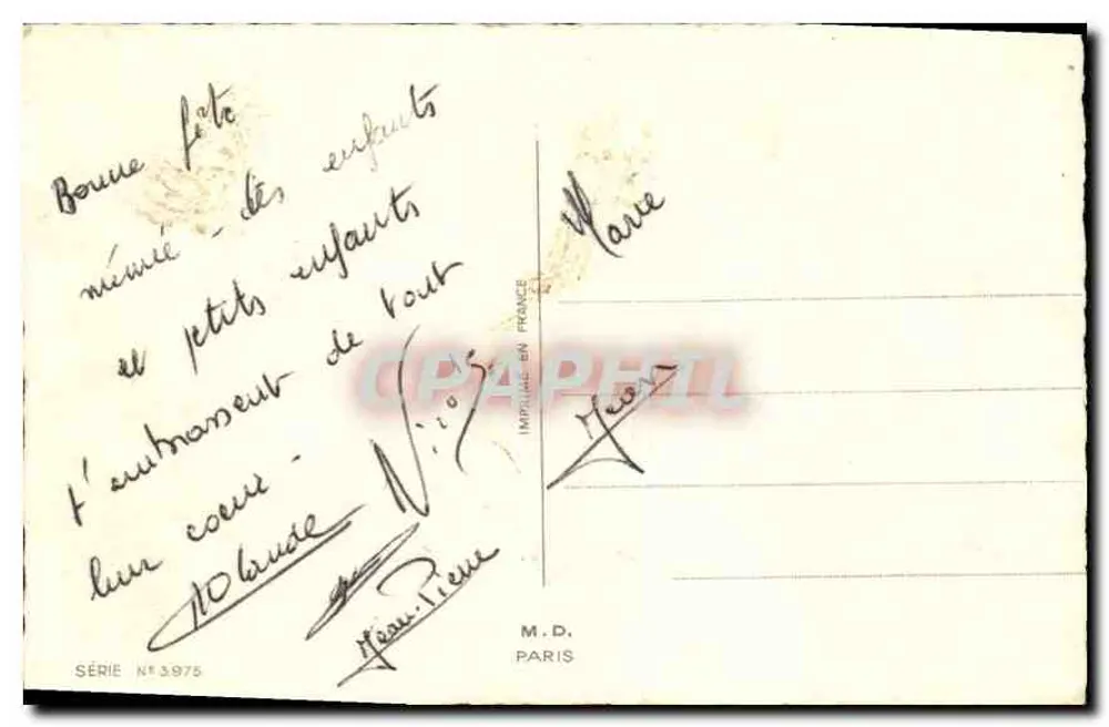 Mädchen im Volkskostüm — mit Blumenstrauß und Hund — Verlag M.D. Paris, Serie Nr. 3975 - Rückseite