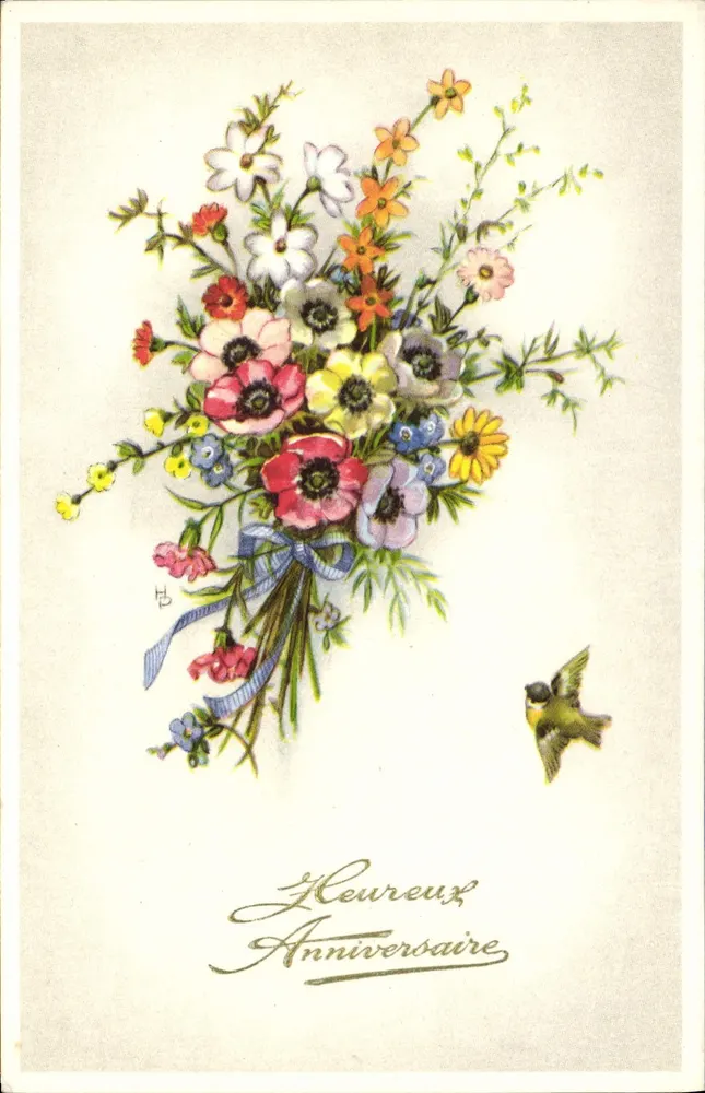 Buquê de flores e pássaro — Feliz Aniversário — editor HB - Frente