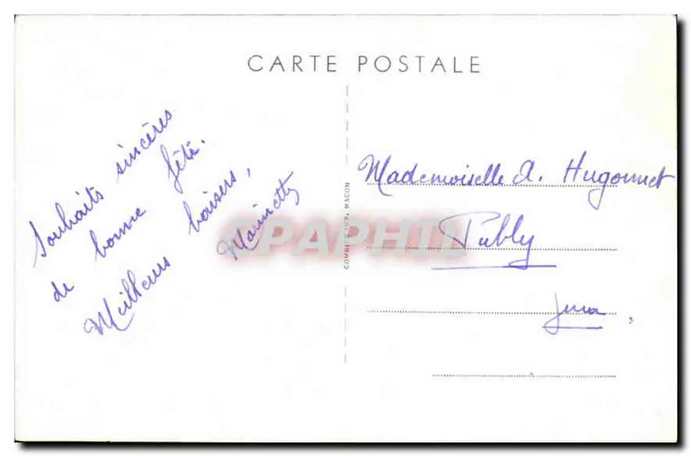 Arranjo de violetas e lirios — Boa Festa — Carte postale de Comblanchien, Macon - Verso