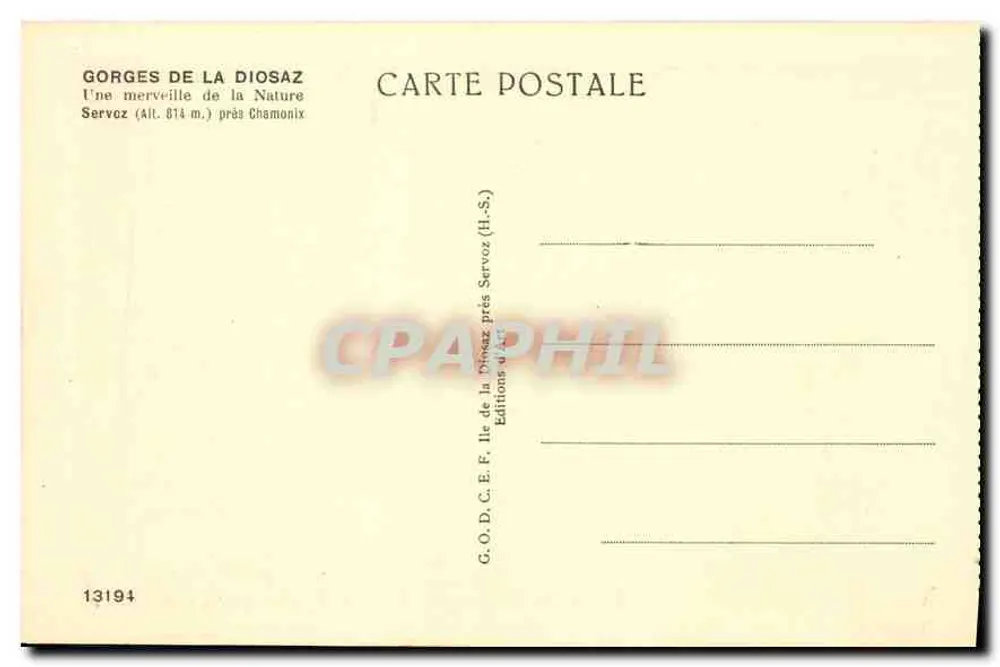 Cascata das Danças — Gorges da Diosaz, Servoz perto de Chamonix — Edições H.-S. n° 13194 - Verso