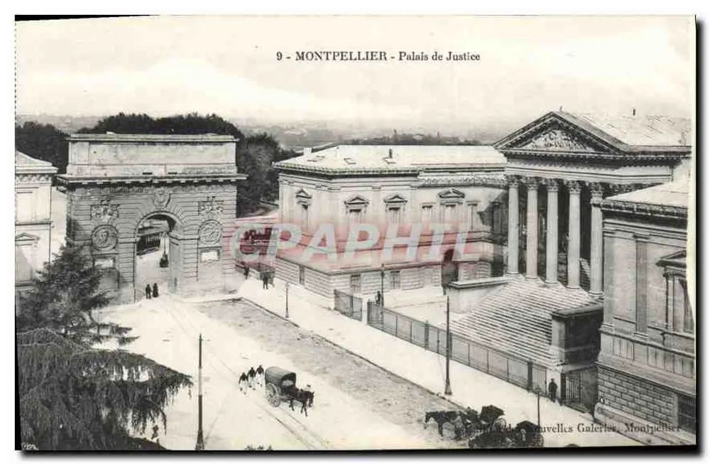 Montpellier - Palácio de Justiça — vista com arco triunfal — editor: Nouvelles Galeries, Montpellier, n°9 - Frente
