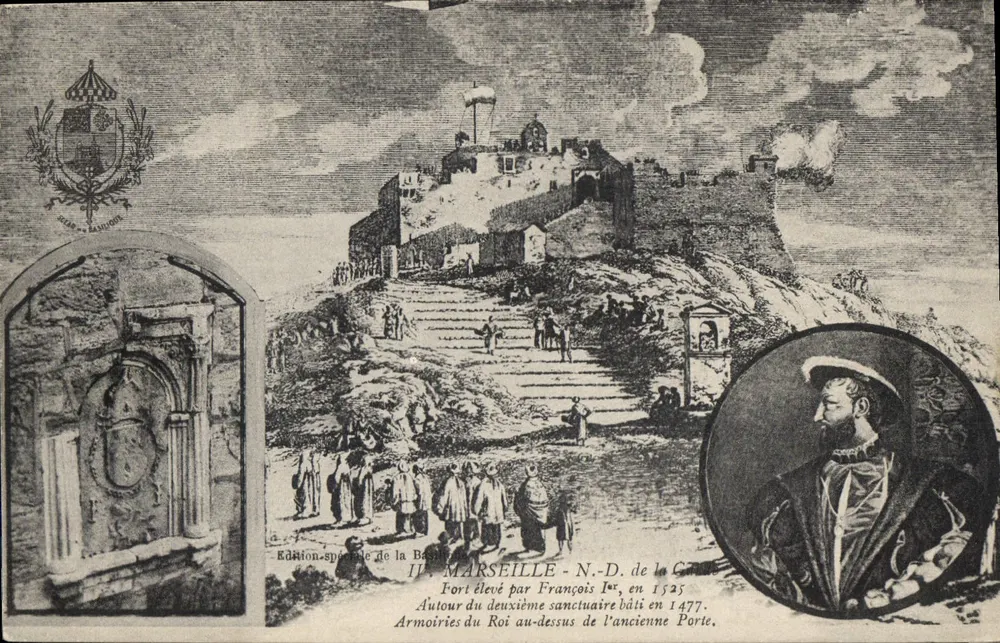 Marseille - N.-D. de la Garoupe — Festung errichtet von François Ier im Jahr 1525, um den zweiten Heiligtum errichtet im Jahr 1477, königliche Wappen über der alten Pforte — Sonderausgabe der Basilika - Vorderseite
