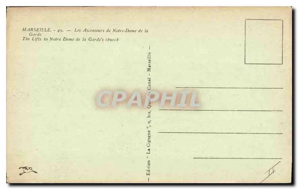 Die Aufzüge der Notre-Dame de la Garde — Marseille — Ausgabe 'La Cigogne', 9, bis, Quai du Canal - Rückseite