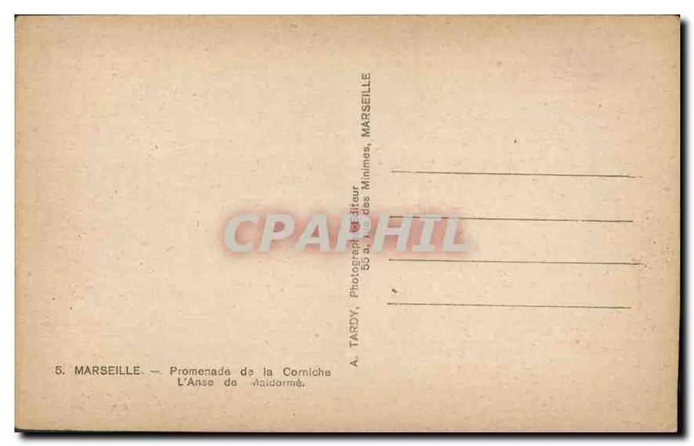Marsiglia — Promenade de la Corniche — L'Anse de la Mèdorme — A. TARDY, Fotografo, 50, rue des Minimes, Marsiglia - Verso