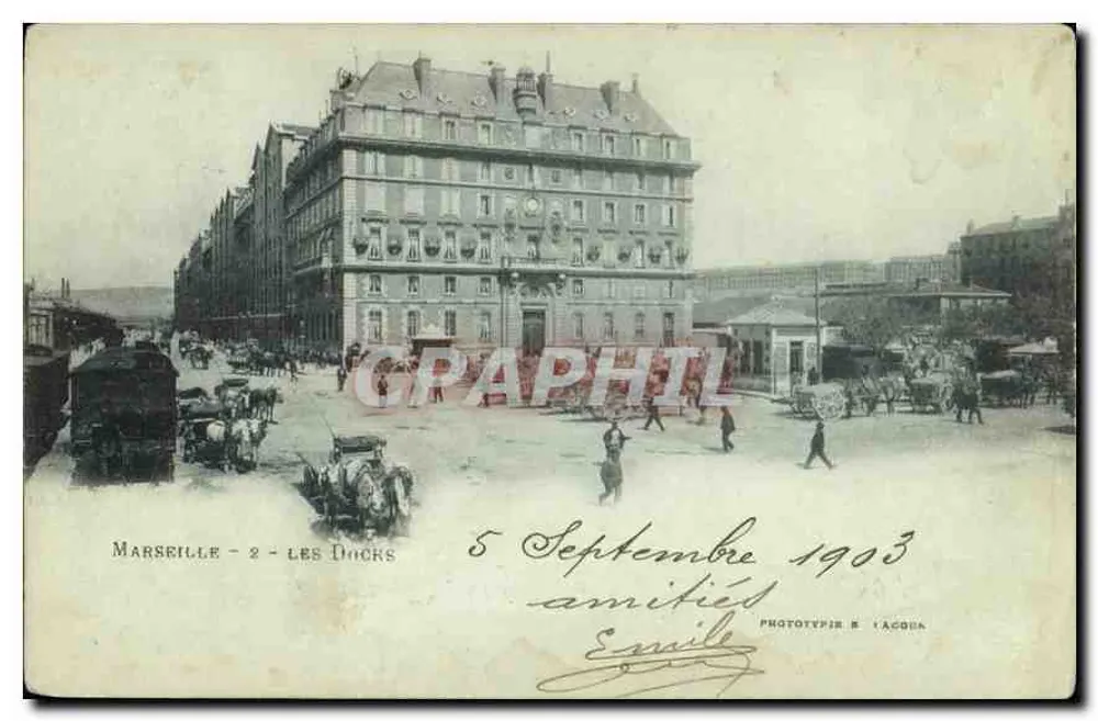 Marselha - Os Docks — Fotografia da rua principal com edifícios e veículos — Fototipia R. L'Acqua, n°2 - Frente