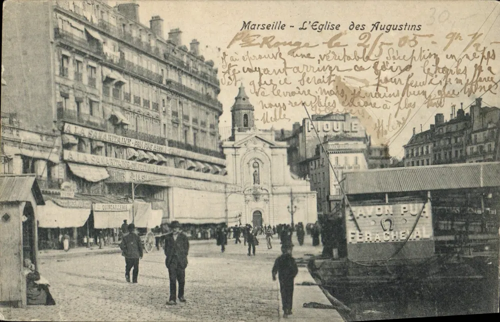 Marseille - A Igreja dos Agostinhos — vista da rua com comércios e barco — editor não identificado, n° de série 30 - Frente