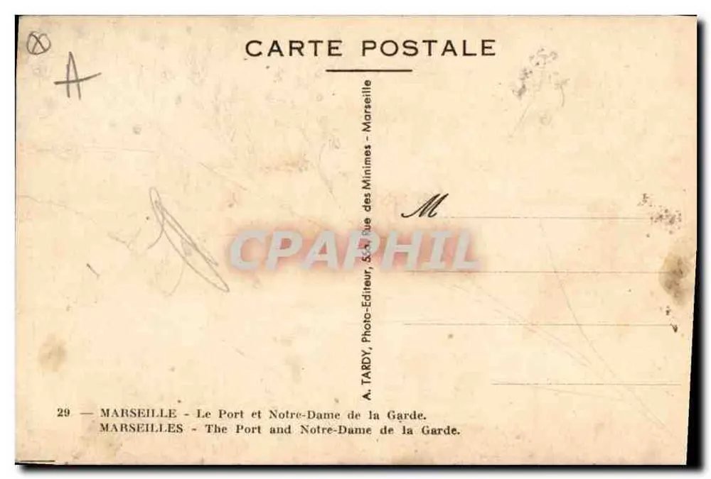 Marseille — Le Port et Notre-Dame de la Garde — A. TARDY, Photo-Éditeur, 54, Rue des Minimes - Verso