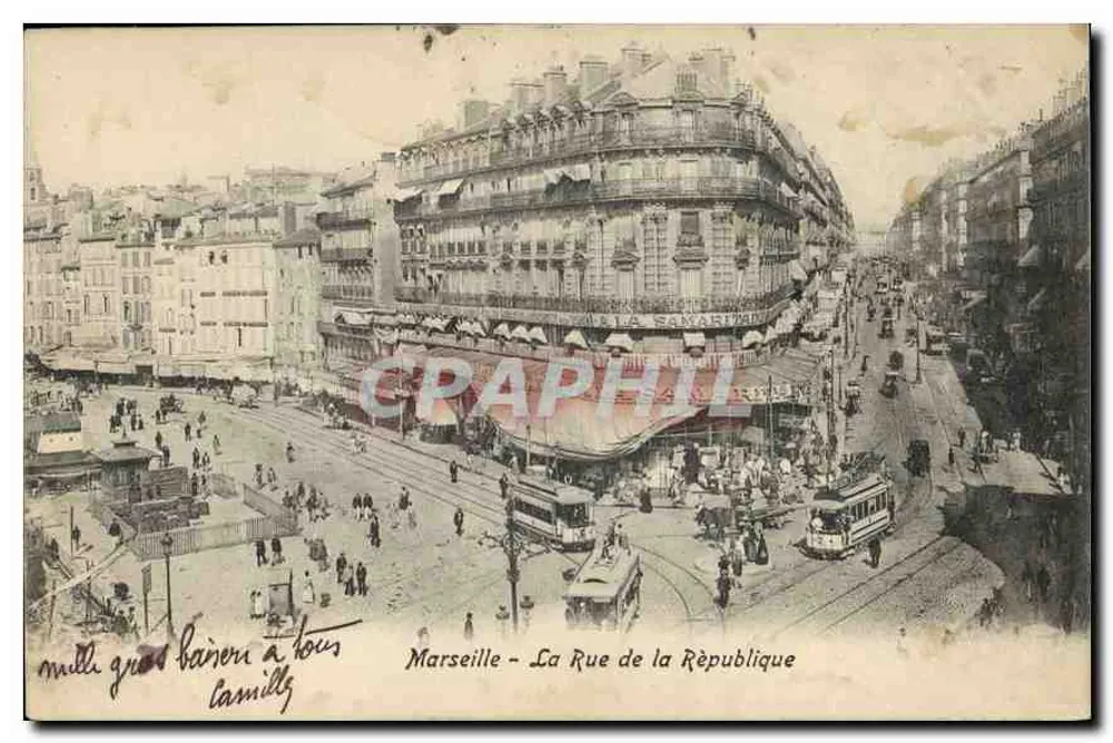 Marseille - La Rue de la République — vista vivace con tram — editore anonimo - Recto