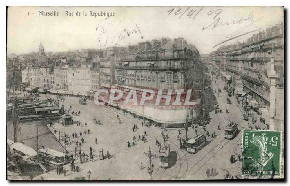 Marselha - Rue de la République — vista urbana com trams — editor não identificado, n° de série 1 - Frente