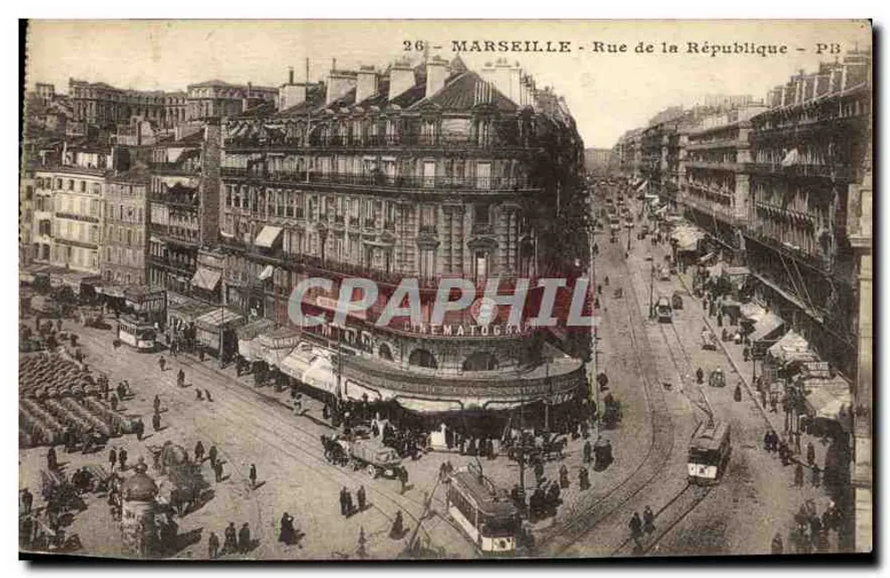Marseille - Rue de la République — vista do canto com o cinema Matographe — editor P.B. n°26 - Frente