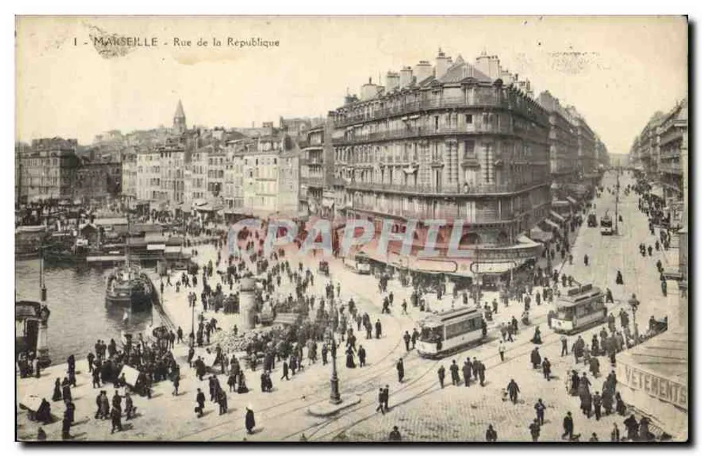 Marselha - Rue de la République — vista animada com bondinho e calçada — editoras Les Dames de Bon-Secours, n° 2232 - Frente